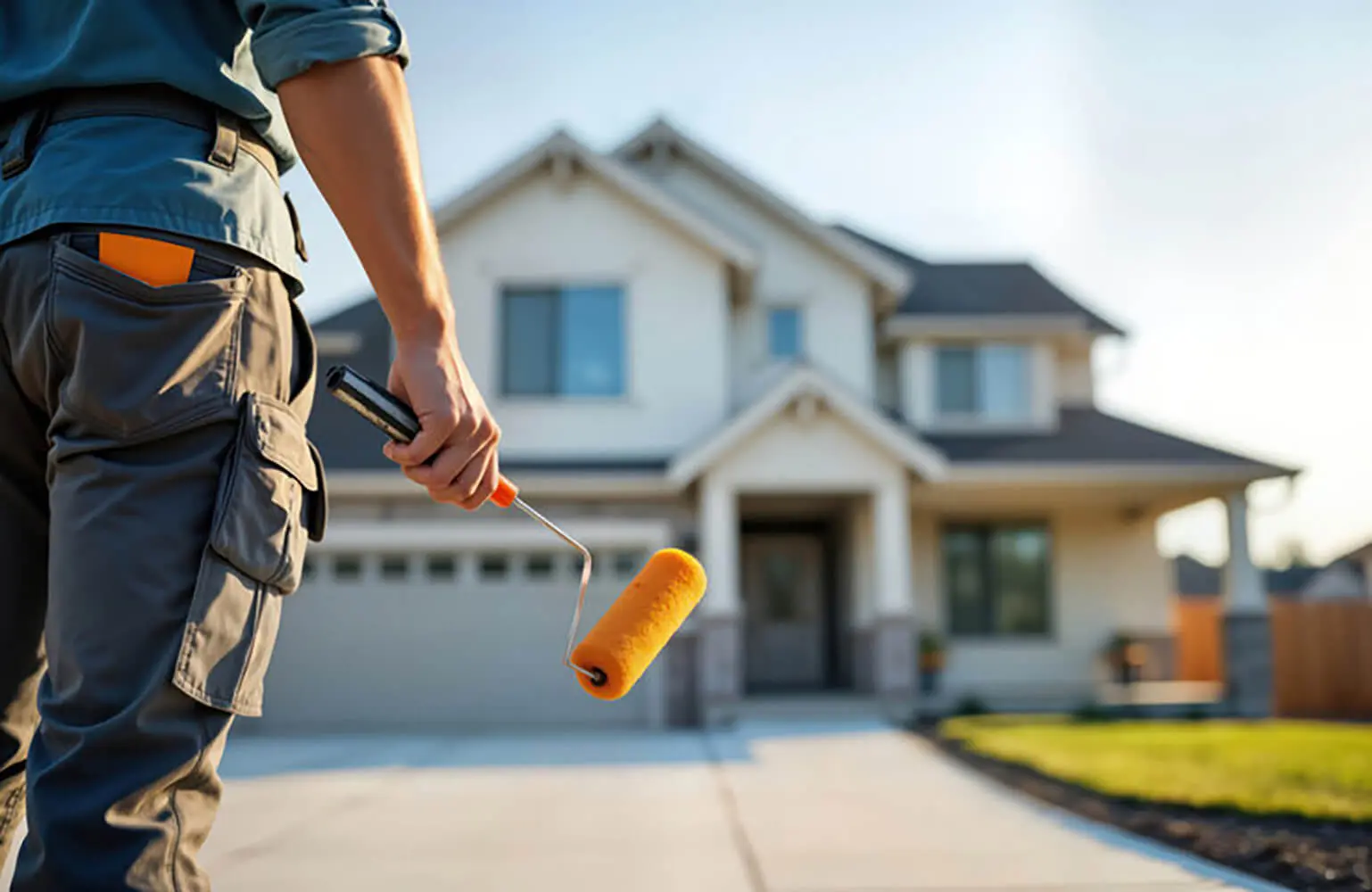 Painter preparing a home exterior during the professional exterior painting process before applying fresh paint to siding and trim