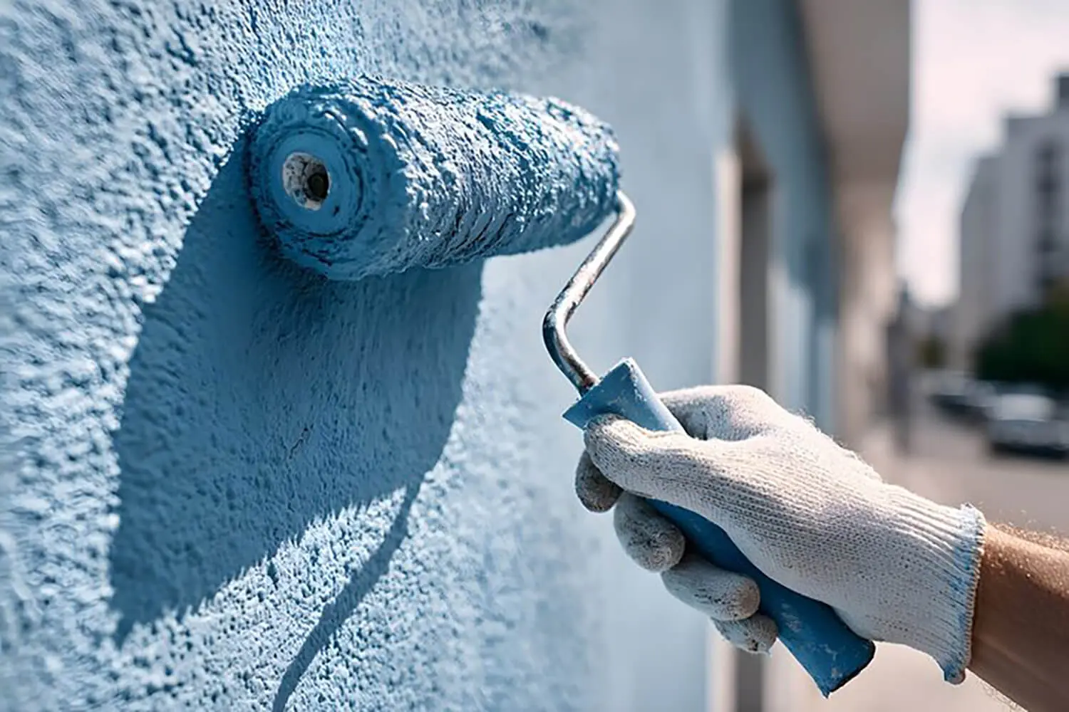 Painter applying exterior paint with roller illustrating factors that affect the timeline of an exterior painting project