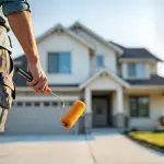 Painter standing in front of a home holding a roller, showing what happens after you hire a professional painting company