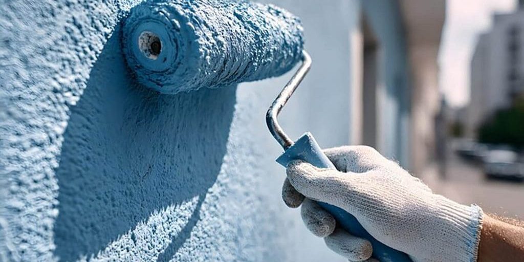Painter applying exterior paint with roller illustrating factors that affect the timeline of an exterior painting project
