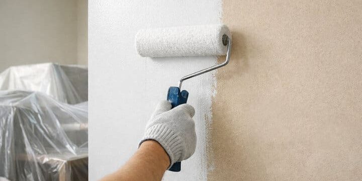 Interior wall being painted with a roller, showing how often should you repaint the interior of your home based on wall condition and wear