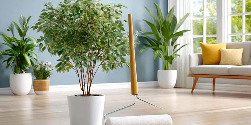 Freshly painted living room with roller and plants, showing signs it’s time to repaint the interior of your home