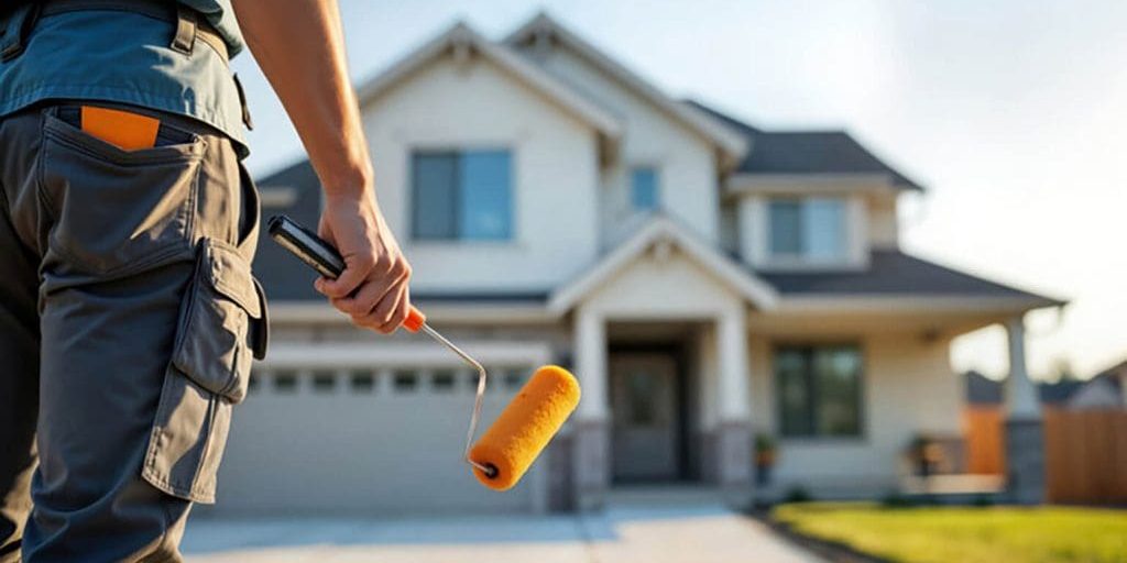 Painter standing in front of a home holding a roller, showing what happens after you hire a professional painting company